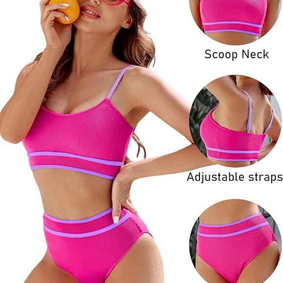 ๐ Hot Pink Ribbed High Waisted Bikini Set | Size Small | NWT ๐ - Picture 4 of 5